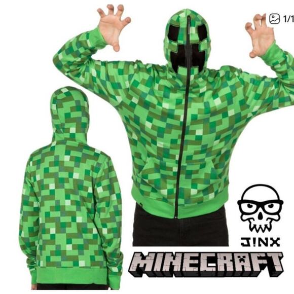 Jinx Other - Jinx Minecraft Boys' Green Creeper Block Zip-Up Hoodie with Mask, S